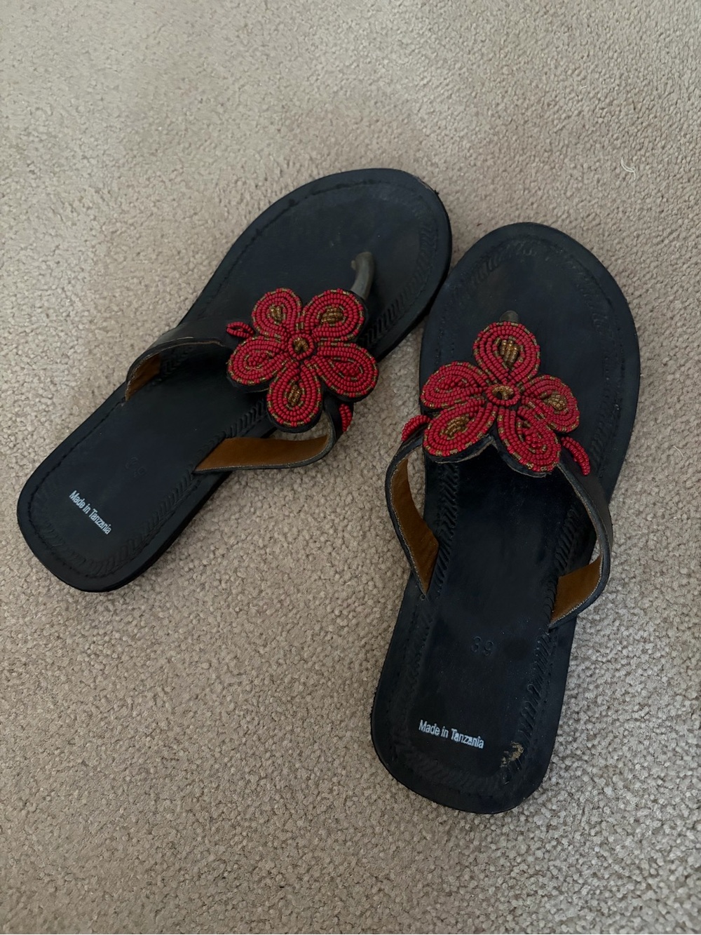 Black Leather Thong Sandals with Red Beaded Floral Accent